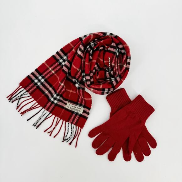 Burberry Scarf Cashmere Wool Red Check Plaid Winter Authentic Shawl Gloves Box - Picture 1 of 12